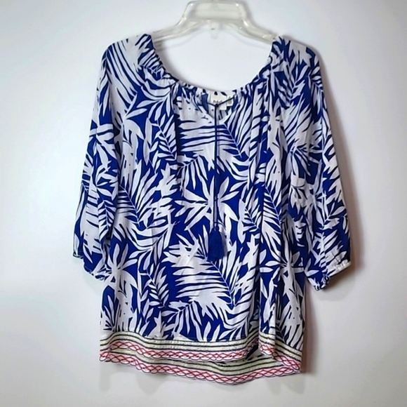 🟢Rafaela Weekend Blue & White Palm Leaf 🍃 Top - Picture 3 of 15